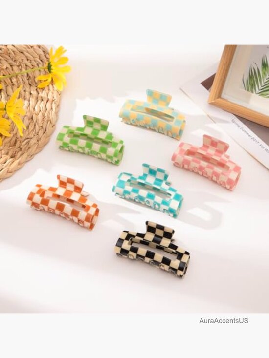 6 Pcs Checkered Hair Claw Clips Rectangle Strong Hold main image 5